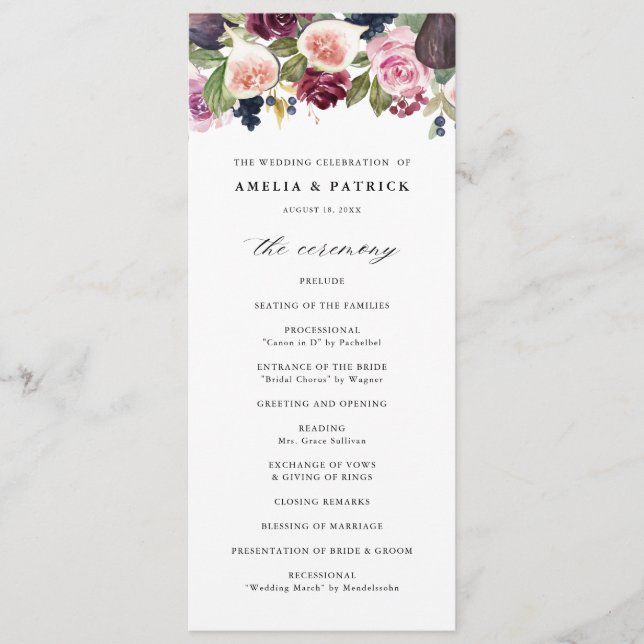 Watercolor Figs and Purple Flowers Fall Wedding Programme (Front)