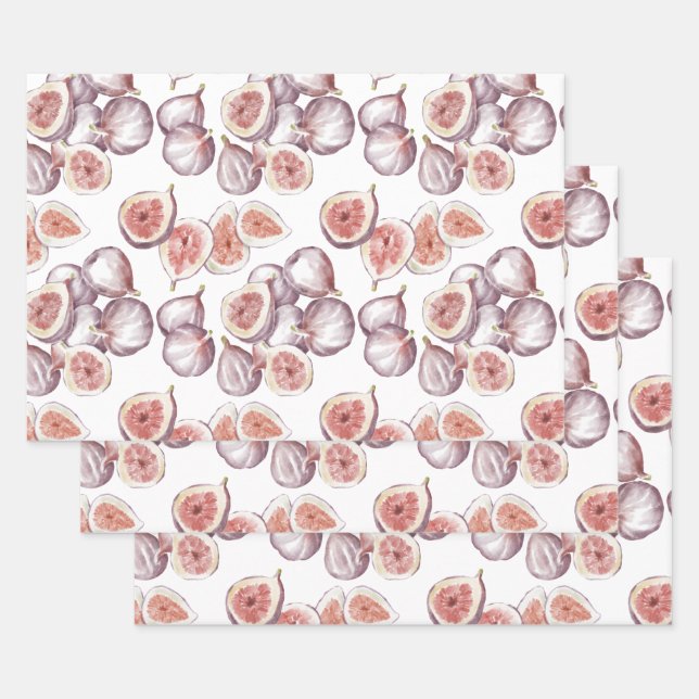 Watercolor Figs on White Wrapping Paper Sheet (Set)