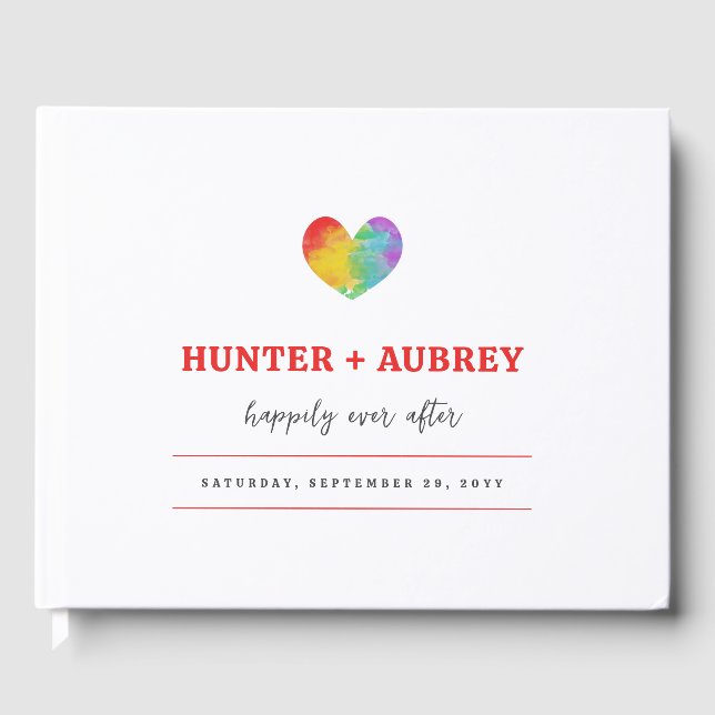 Watercolor Filled Pride Heart Gay Lesbian Wedding Guest Book (Front)
