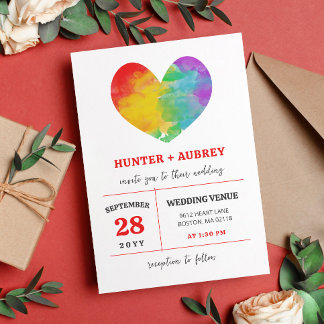 Watercolor Filled Pride Heart Gay Lesbian Wedding Invitation