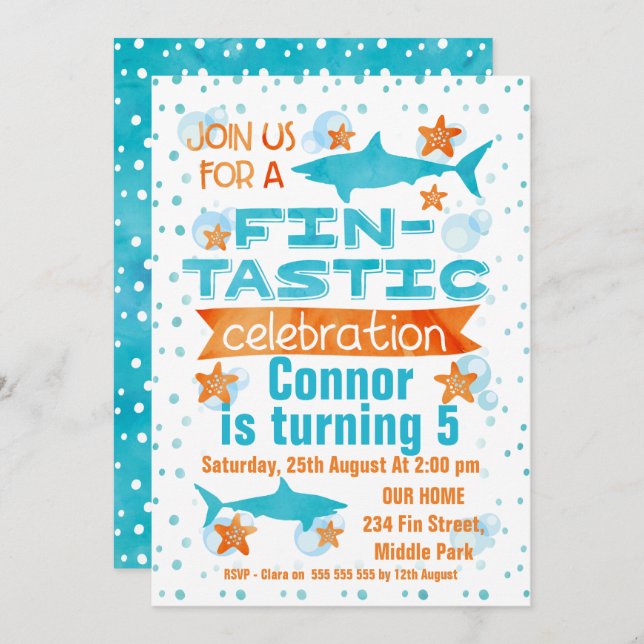 Watercolor Fin-tastic Shark Birthday Invitation (Front/Back)