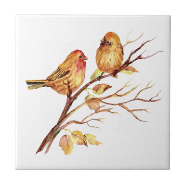 Watercolor Finch Birds in Tree Branch Tile (Front)