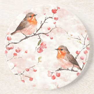 Watercolor Finch in a Snowy Winter Tree & Berries Coaster