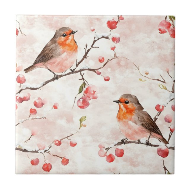 Watercolor Finch in a Snowy Winter Tree & Berries Tile (Front)