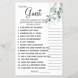 Watercolor Find the Guest Bridal shower game card