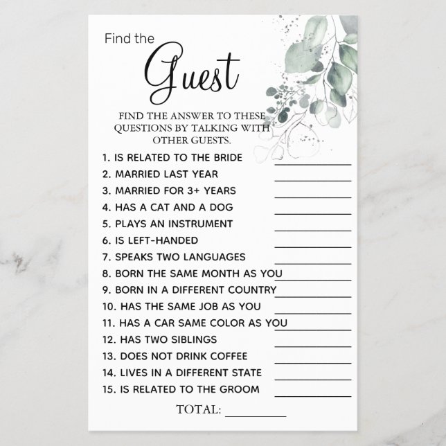 Watercolor  Find the Guest Bridal shower game card (Front)