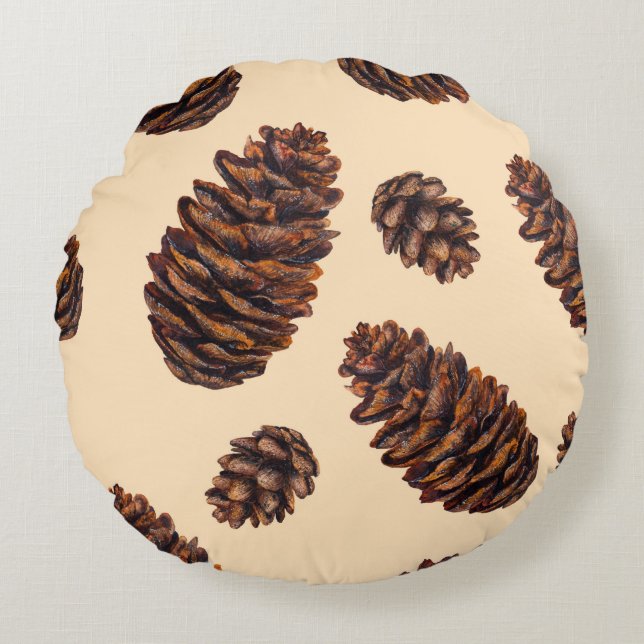 Watercolor fir cone seamless pattern, watercolour  round cushion (Front)