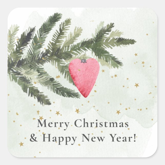 Watercolor Fir Tree + Red Heart Ornament  Square Sticker (Front)