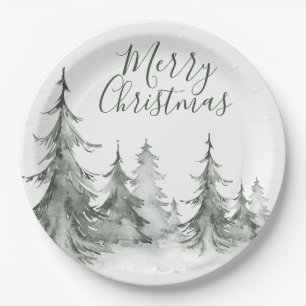 Watercolor Fir Trees Winter, Christmas Party Paper Plate
