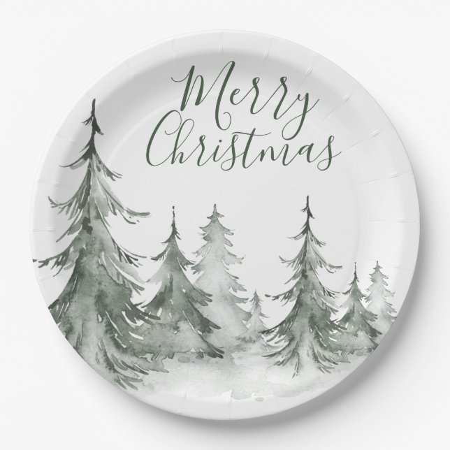 Watercolor Fir Trees Winter, Christmas Party Paper Plate (Front)