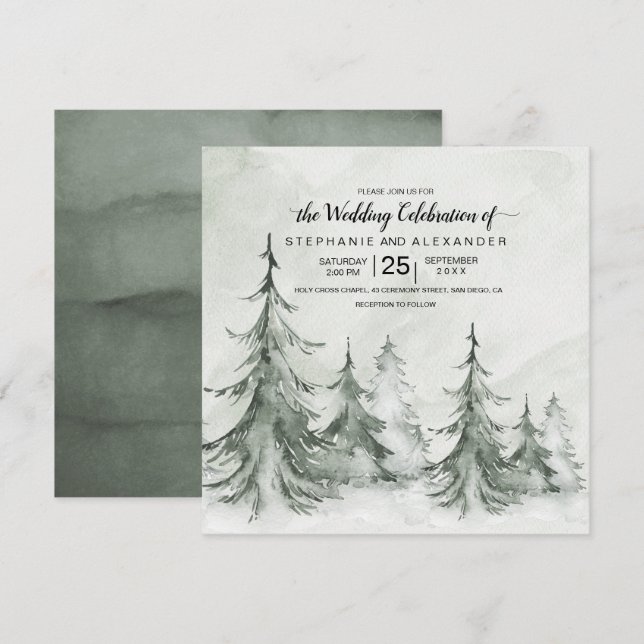Watercolor Fir Trees Winter Wedding Invitation (Front/Back)