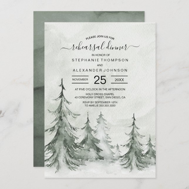 Watercolor Fir Trees Winter Wedding Invitation (Front/Back)