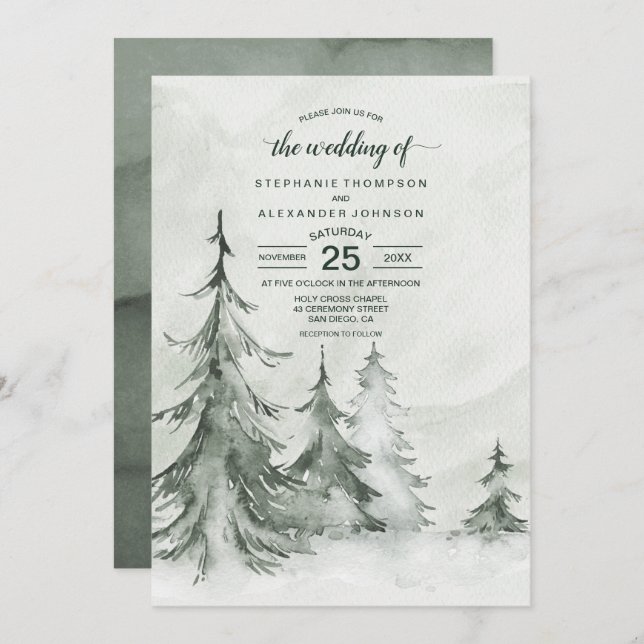 Watercolor Fir Trees Winter Wedding Invitation (Front/Back)