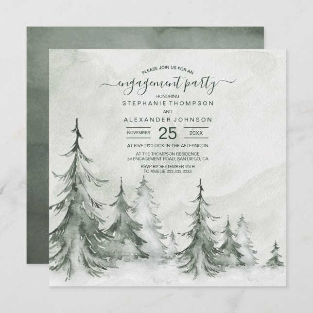 Watercolor Fir Trees Winter Wedding Invitation (Front/Back)