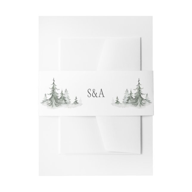 Watercolor Fir Trees Winter Wedding Invitation Belly Band (Front Example)
