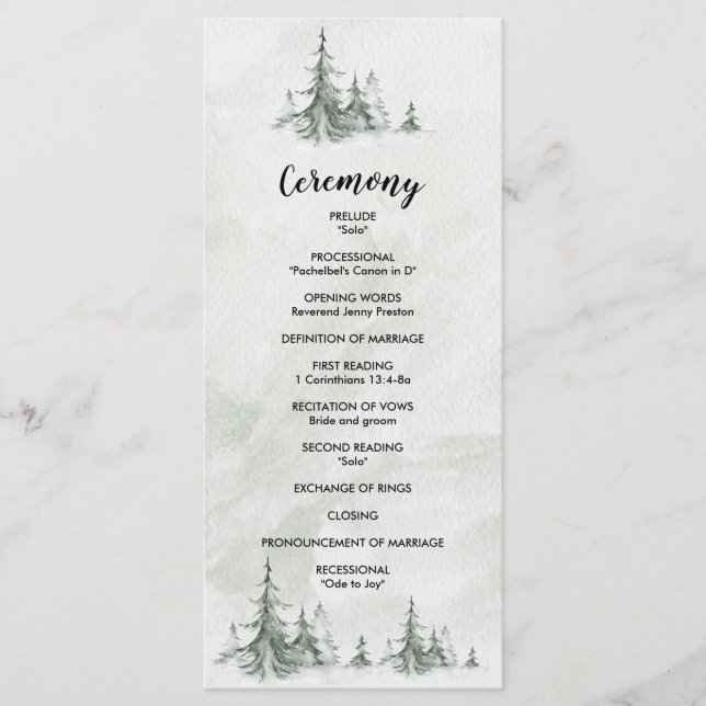 Watercolor Fir Trees Winter Wedding Programme (Front)