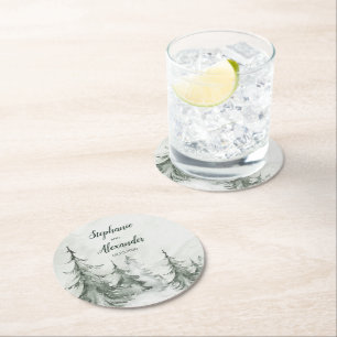 Watercolor Fir Trees Winter Wedding Round Paper Coaster