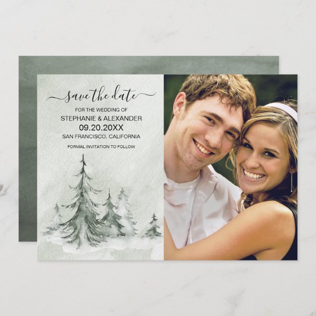 Watercolor Fir Trees Winter Wedding Save The Date (Front/Back)