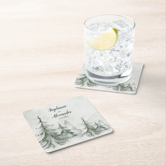Watercolor Fir Trees Winter Wedding Square Paper Coaster (Insitu)