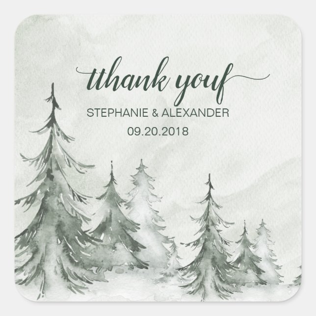 Watercolor Fir Trees Winter Wedding Square Sticker (Front)