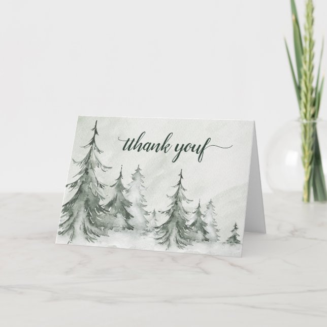 Watercolor Fir Trees Winter Wedding Thank You Card (Front)