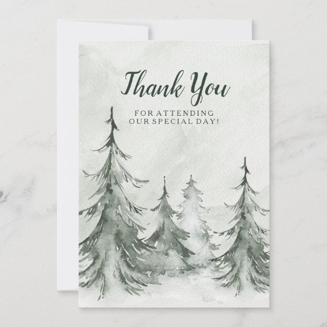 Watercolor Fir Trees Winter Wedding Thank You Card (Front)