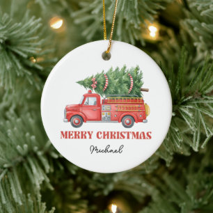 Watercolor Firefighter Christmas Fire Truck Ceramic Tree Decoration