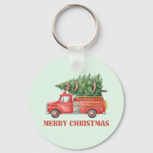 Watercolor Firefighter Christmas Fire Truck Key Ring