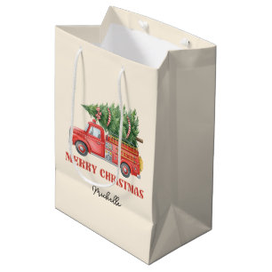 Watercolor Firefighter Christmas Fire Truck Medium Gift Bag