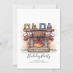 Watercolor Fireplace Holiday Party Invitation