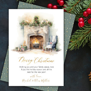 Watercolor Fireplace Non Photo Christmas Cards