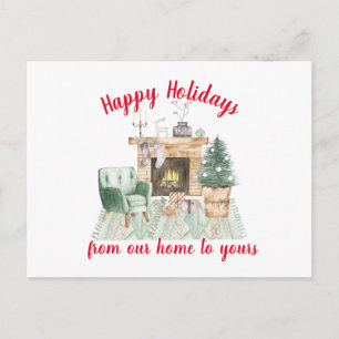 Watercolor Fireside Holiday Scene Christmas Postcard