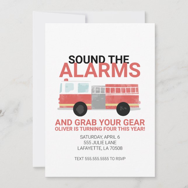 Watercolor Firetruck Birthday Party Invitation (Front)