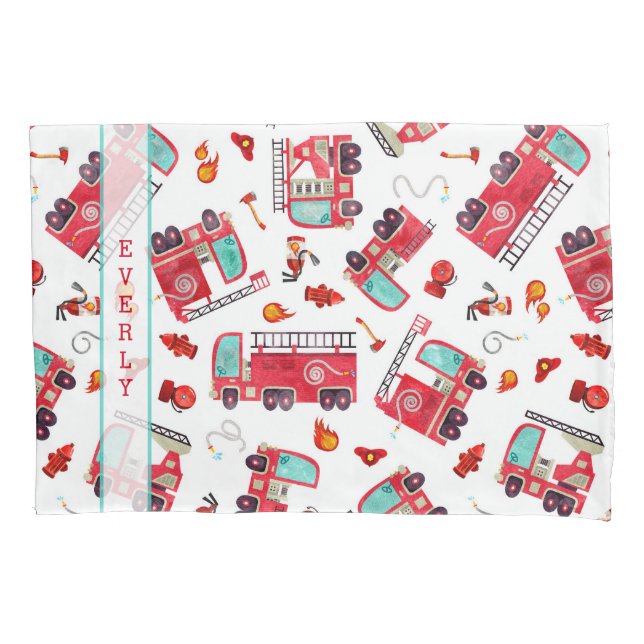 Watercolor Firetrucks Kids Personalized Pillowcase (Front)