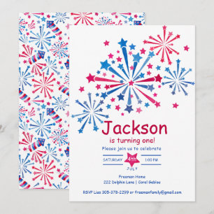 Watercolor Fireworks Fourth of July 1st Birthday Invitation
