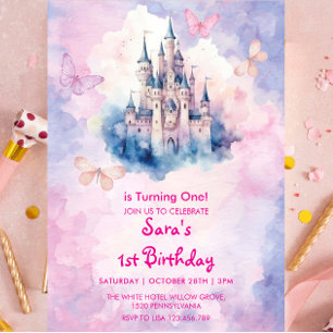 Watercolor First 1st Birthday Castle & Butterfly  Invitation