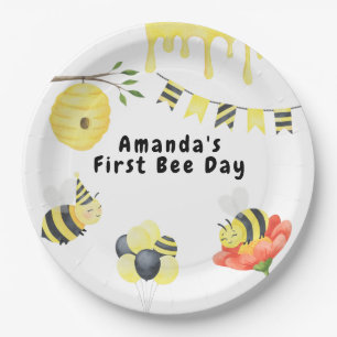 Watercolor first Bee Day birthday Party Paper Plate