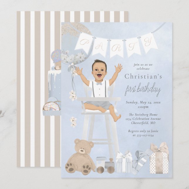 Watercolor First Birthday Baby in Highchair Invitation (Front/Back)