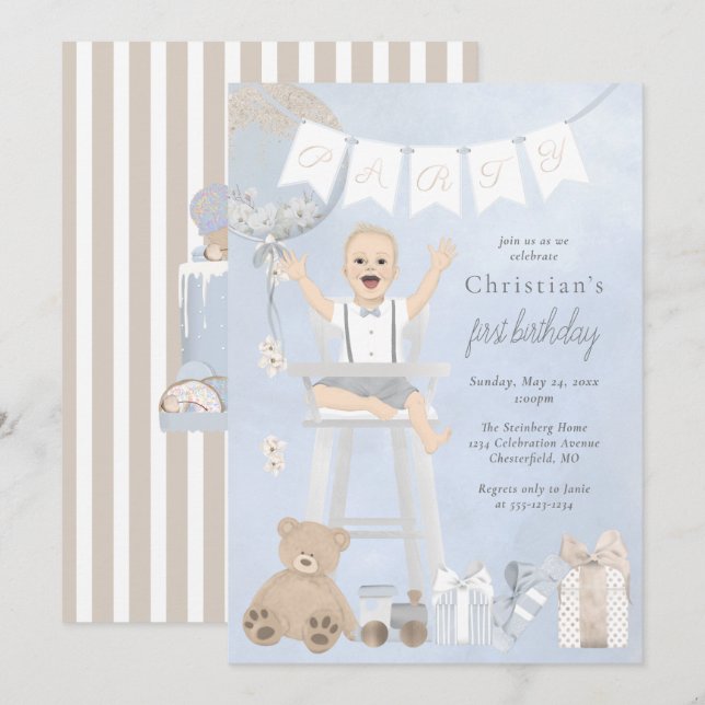 Watercolor First Birthday Baby in Highchair Invitation (Front/Back)