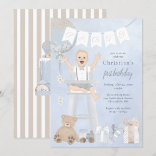 Watercolor First Birthday Baby in Highchair Invitation