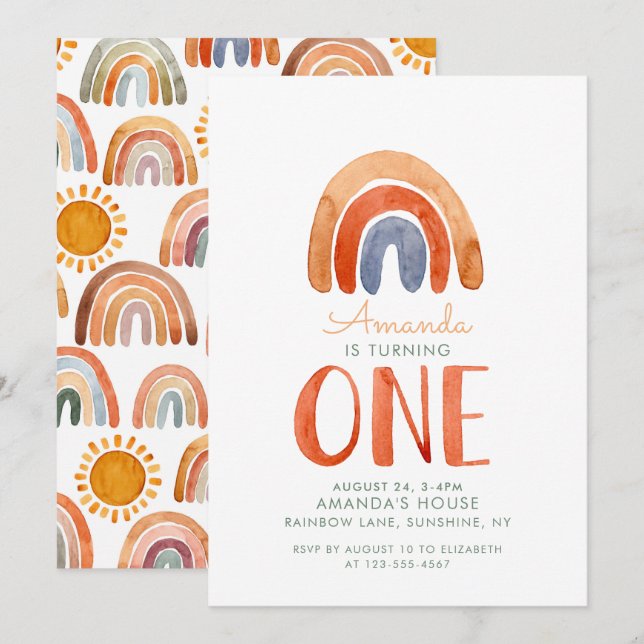 Watercolor First Birthday Modern Boho Rainbow  Invitation (Front/Back)