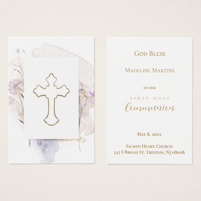 watercolor First Holy Communion  remembrance card (Front & Back)
