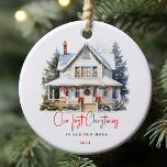 Watercolor First Home Christmas Keepsake Ornament<br><div class="desc">This beautiful ceramic ornament commemorates the "Our First Christmas in Our New Home" moment of your lifes. Featuring a charming illustration of a cosy snow-covered house adorned with festive holiday decorations, it is the perfect keepsake to celebrate a major milestone. Personalise your holiday decor with this elegant, timeless ornament, and...</div>