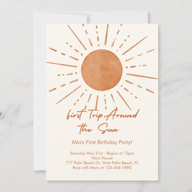 Watercolor First Trip Around the Sun Birthday Invitation (Front)
