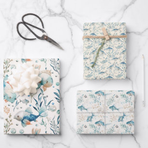Watercolor Fish and Seaweed Pattern on Off-White Wrapping Paper Sheet