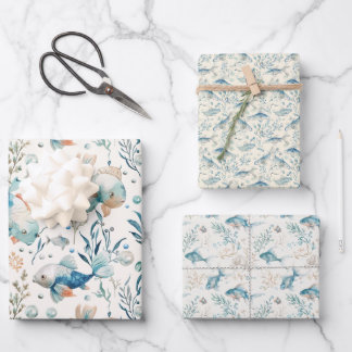 Watercolor Fish and Seaweed Pattern on Off-White Wrapping Paper Sheet