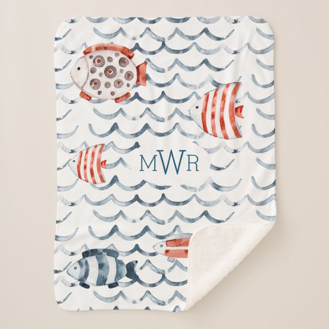 Watercolor fish red and blue monogram sherpa blanket (Front)