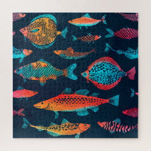 Watercolor Fishes: Deep Blue Seamless Jigsaw Puzzle