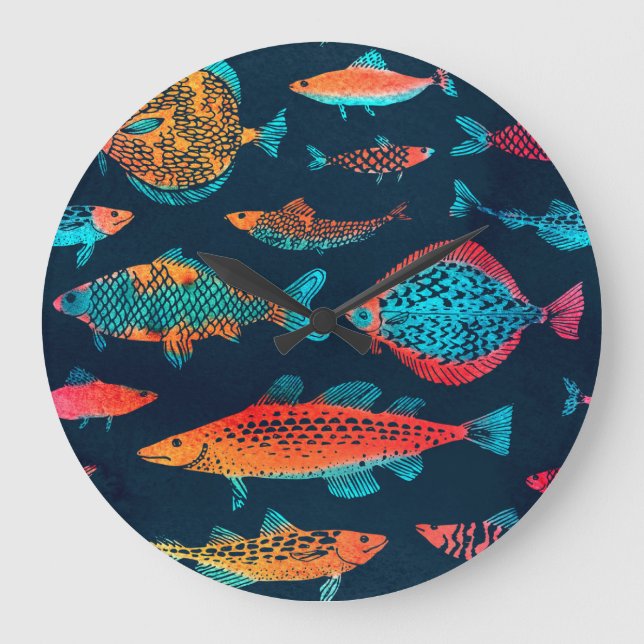 Watercolor Fishes: Deep Blue Seamless Large Clock (Front)