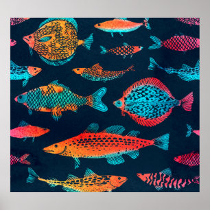 Watercolor Fishes: Deep Blue Seamless Poster